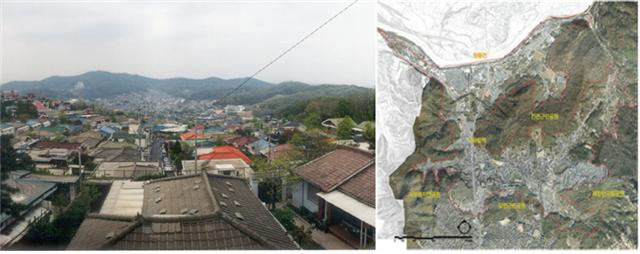 은평구 진관내동과 구파발동 진관외동 취락으로 은평뉴타운 사업으로 개발되었고 경계선을 설정한 모습의 그림이다