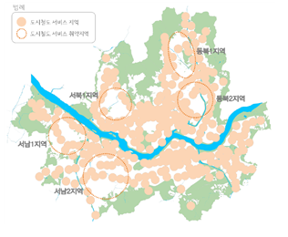 서울시 도시철도 서비스 취약지역 현황으로 현재 동북 1지역과 2지역, 서북 1지역, 서남 1지역과 2지역이 서비스 취약지역으로 나타났다