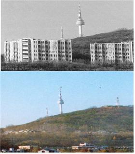 1991년부터 1998년까지 남산제모습가꾸기 사업 전과 후의 사진으로 남산외인아파트가 있던 사업시행 전의 모습과 아파트 철거 이후 변화된 사진