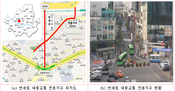 연세로 대중교통전용지구를 개통하여 연세로 및 명물거리 일대의 연세로 550m 구간과 명물거리 450m 구간으로 선정하여 2012년 3월부터 2013년 12월에 걸쳐 공사를 마무리했다.
