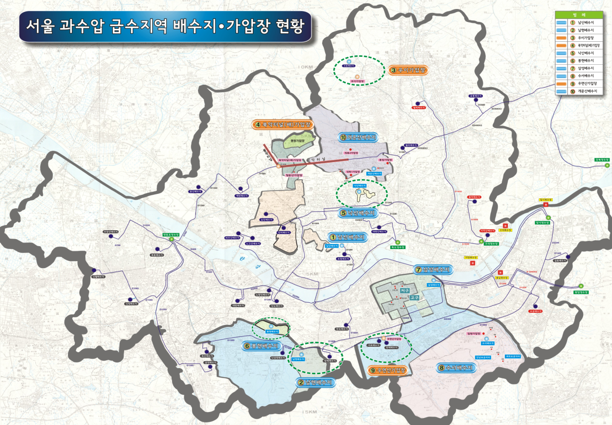 과수압 급수지역 배수지와 가압장 현황을 보여주는 서울시 지도. 1, 남산배수지, 2, 남현배수지, 3, 우이가압장, 4, 북악터널(배)가압장, 5, 낙산배수지, 6, 봉현배수지, 7, 삼성배수지, 8, 수서배수지, 9, 우면산가압장, 10, 개운산배수지