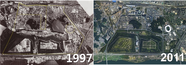 1997년과 2011년 변화된 난지도와 상암의 모습이다