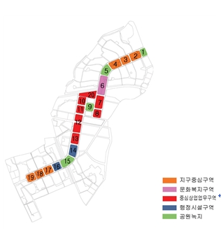목공지구 상업지 블록별 기능 및 시설을 나타낸 그림입니다