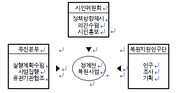 청계천 복원사업을 위해 시민위원회에서 정책방향을 제시하여 의견수렴 및 시민홍보에 대한 역할과 추진본부에서 실행계획을 수립하여 사업집행과 유관기관 협조를 위해 노력하였으며 복원지원연구단에서는 연구, 조사 및 기획의 역할을 담당하여 추진하였다.