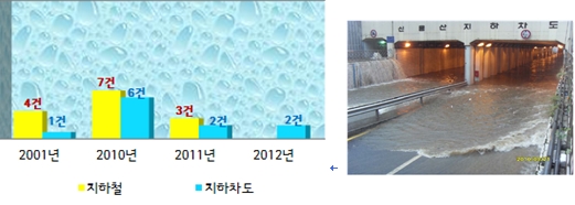 서울시의 도시화와 함께 지하철과 같은 지하시설이 활발히 개발되었고 2010년 지하철의 침수가 7건 있었고, 지하차도는 6건으로 나타났다.