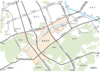 개포 3지구의 토지구획정리사업의 예로 주변현황을 분석한 분석도이다.