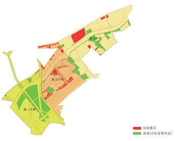 토지구획정리사업의 개포 3지구의 사례로 1985년에 설계된 도시설계 단면도이다.