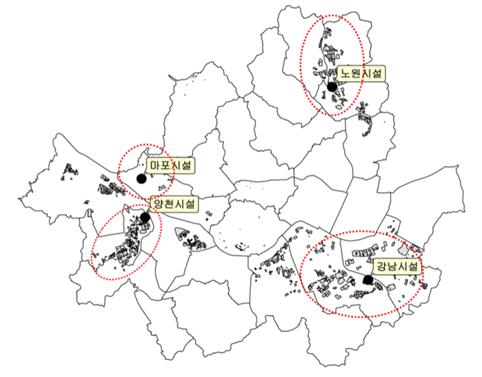 서울시 4개 생활폐기물 소각시설을 보여주는 지도이다.