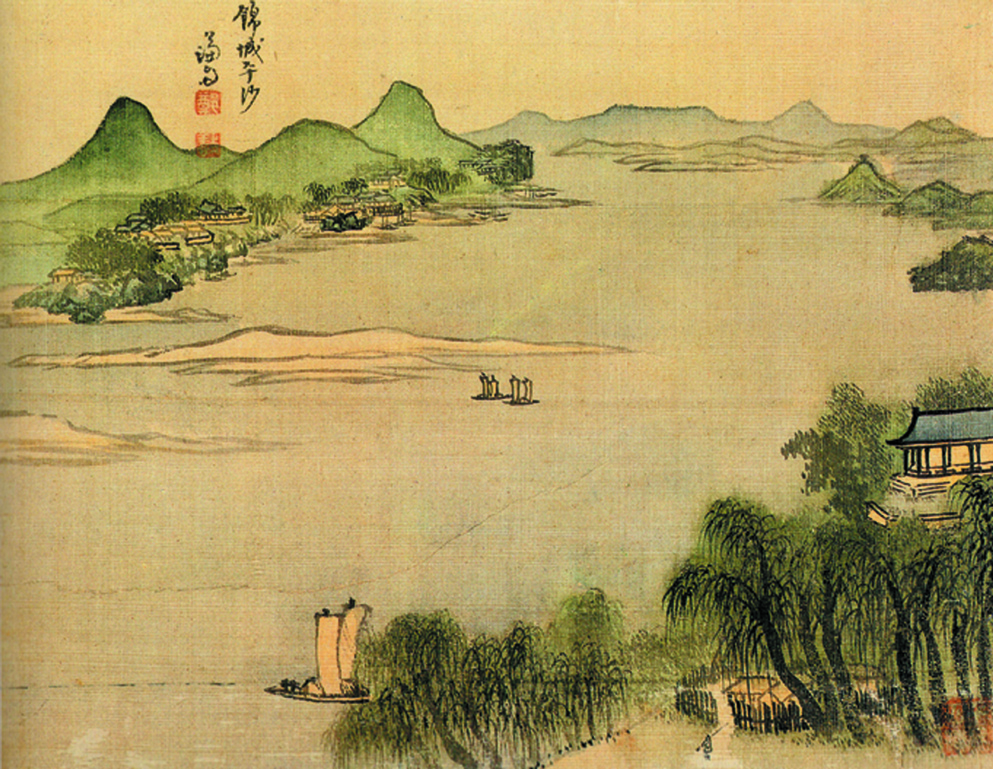 1. 겸재 정선의 금성평사(1740년), 난지 풍경 묘사 그림. 한강과 난지도 나룻배, 마을이 어우러져 있다. 